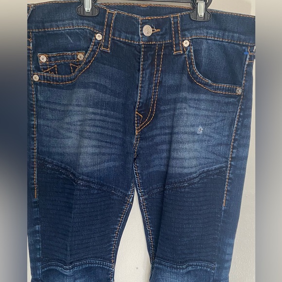 True Religion Jeans’Skinny Moto Biker BigT Red Orange Stitch Stretch-Size:36/34” - Picture 7 of 13